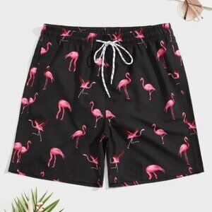 Black Vacation Style Men's Flamingo Print Swim Trunks
